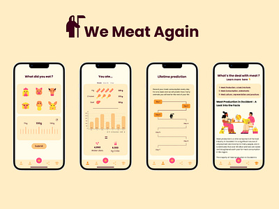 WE MEAT AGAIN - food and health mobile app animals branding colors cute food graphic design healt app health meat minimalist interface mobile mobile illustration pets recording social app ui ux webdesign