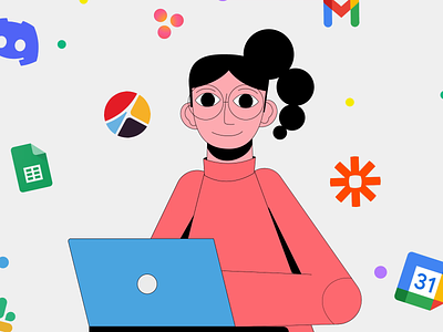 Click to automate 2d animation ai animation branding character click colors design docs girl illustration inspiration laptop logo motion graphics obviously vibe vibrant zapier
