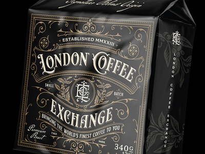London Coffee Exchange Bag classy coffee coffee bag coffee design label label design monogram monogram design ornamental packaging packaging label product label retro sophisticated typeface typographic typography victorian vintage vintage label