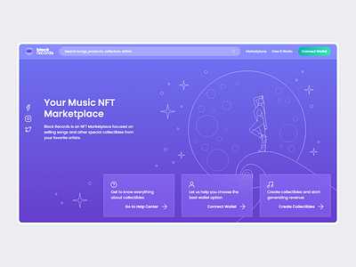 Block Records - Music NFT Marketplace Landing Page blockchain crypto e commerce glass morphism hero banner homepage landing page light marketplace music nft platform purple ui