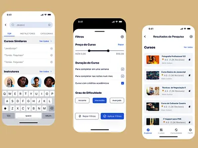 Dondza App: Search, Filters, Search Results avatars buttons cards clean design design e learning inputs minimal payment ratings sliders ui ux