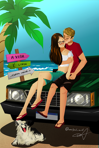 "Life is beautiful with you" - Art Commission beach book illustration car cartoon character character design couple couple drawing digital art digital painting dog drawing illustration lineless