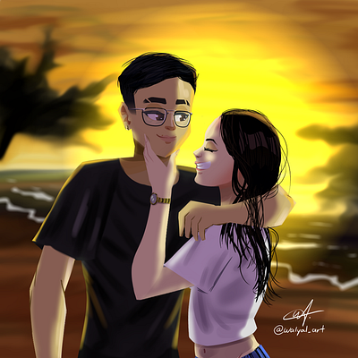 Sunset couple - Art commission art boy and girl cartoon character characters couple digital art digital drawing digital painting drawing illustration painting sunset