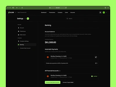 Scale ✳ Bank Settings bank banking branding clean dashboard design figma finance grid modern pixel perfect product scale settings ui user flow ux web3