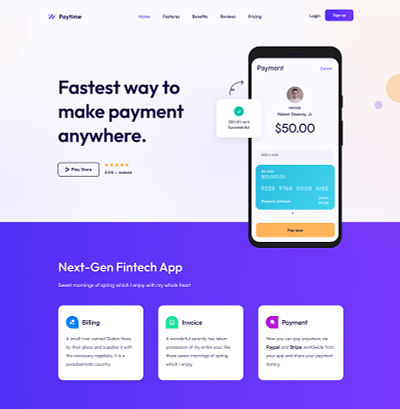 Paytime - Mobile App Webflow Template clean design fintech landing page marketing page mobile app modern design one page purple color saas template technology ui design user interface design web design webflow template website website template