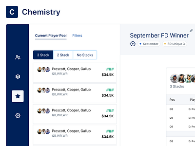 Chemistry - Favorites Builder data table design fantasy sports filters interface players sports teams ui ux visual design