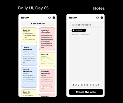 Daily UI, Day 65 - Notes 100daychallenge 100daysofui dailyui dailyuichallenge dailyuiday65 day65 design notes notesapp notesui notify ui uichallenge