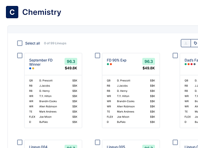 Chemistry - Lineups card design fantasy sports grid layout list sports table ui ux view visual design