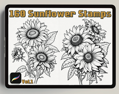 Sunflower Dreams: 160 Stamps for Procreate creativeart digitalstamps flowerstamps procreatestamps sunflowerdesigns sunflowerstamps sunflowertattoos tattooart tattooartists tattooideas tattoosupplies