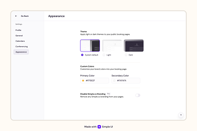 Simple UI Appearance Settings appearance dark mode design system form light mode product design saas settings startup ui ui kit ux