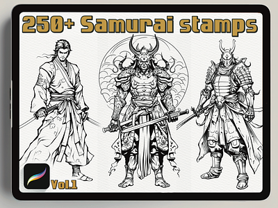 Legendary Samurai: Vol.2 - Japanese Warrior Stamps for Procreat armorandweapons digitalillustration digitalstamps graphicdesign historicalart japaneseculture japanesesamurai procreateart samuraidesign samuraistamps tattoodesign warriorart