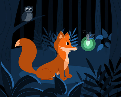 The fox in the forest acquaintance animals firefly forest fox illustration kid art magic nature night red fox the fox in the forest the owl wildlife