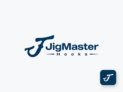 JigMaster hooks angling brand design branding casting custom logo design fishing flat hook hooks icon identity illustration letter j lettermark logo logo design logotype typography vector