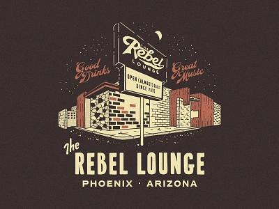 The Rebel Lounge Merch 3d building apparel arizona bar building cocktails good drinks great music illustration live music lounge marquee mason jar merch music venue perspective rebel lounge roadside shirt design sign