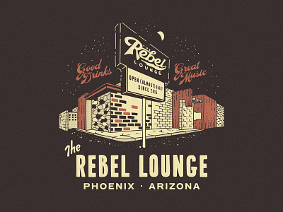 The Rebel Lounge Merch 3d building apparel arizona bar building cocktails good drinks great music illustration live music lounge marquee mason jar merch music venue perspective rebel lounge roadside shirt design sign