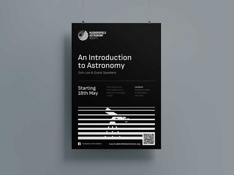Huddersfield Astronomy Society - Brand (Poster) astronomy black and white brand branding earth huddersfield logo moon planets poster print qr code single color space swiss design telescope