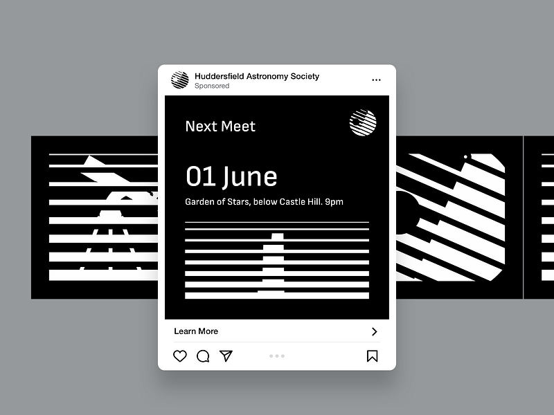 Huddersfield Astronomy Society - Brand (Social posts 3) astronomy black and white brand castle hill earth graphic design huddersfield instagram lines logo moon planets social media solar system space swiss design telescope