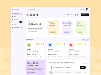 Braintrust Dashboard branding contractor dashboard design direct hire employee freelance freelancer job card job search jobs product product design referral remote work ui ux web app web design web3