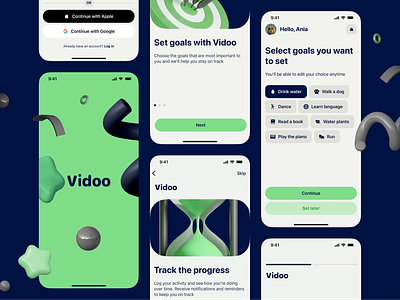 Goal setting app onboarding 3d 3d illustration app app onboarding app sign in app sign up application branding dark blue goal setting green illustration light theme mobile app neon color set goals sign in with apple sign in with google splash screen ui