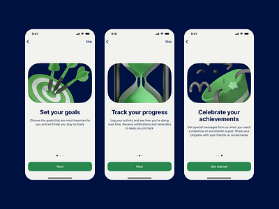 Goal setting app onboarding 3d 3d illustration app app onboarding app sign in app sign up application branding dark blue goal setting green illustration light theme mobile app neon color set goals sign in with apple sign in with google splash screen ui