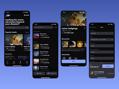 Hotel booking app app application booking branding dark theme application dark ui futuristic design hotel booking hotel booking app hotel page design ios logo lunar mobile app moon purple reservation search results ui uxui