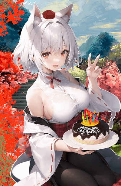 Momiji Inubashiri, Happy Birthday gift 2023 anime bday cake girl happy happy birthday illustration kawaii kemono manga momiji inubashiri tengu touhou touhou project white hair