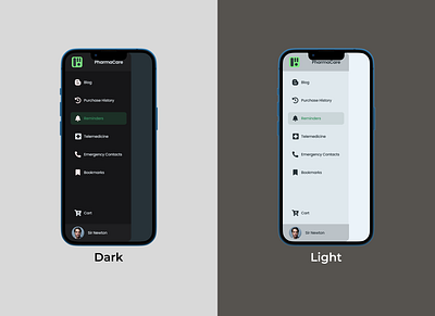 Mobile sidebar: Dark mode and Light mode