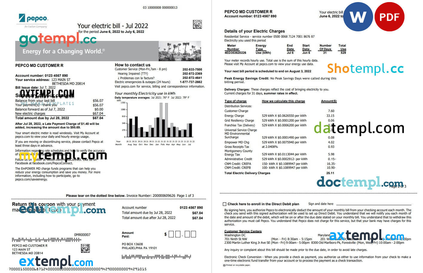 USA Maryland Pepco utility bill, Word and PDF template, 3 pages by ...