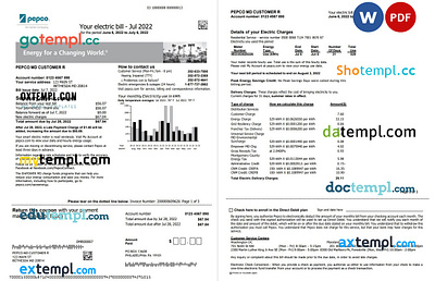 USA Maryland Pepco utility bill, Word and PDF template, 3 pages by ...