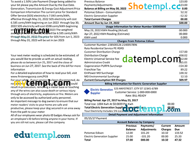 USA Maryland Potomac Edison utility bill, Word and PDF template, by ...