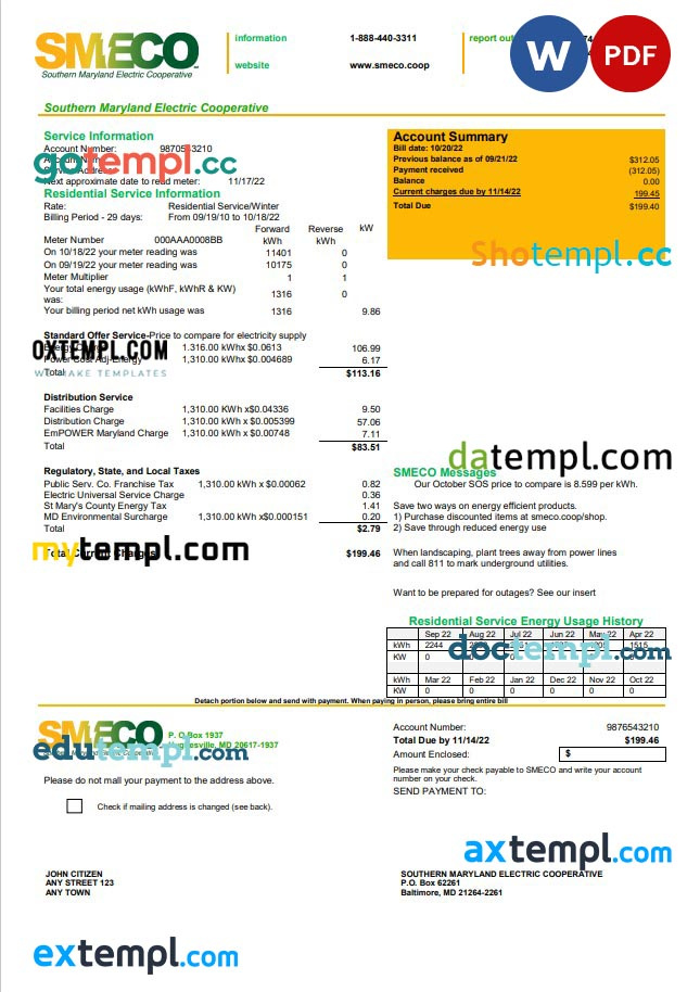 USA Maryland SMECO utility bill template in Word and PDF format by ...