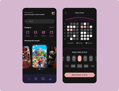 Cinema ticket booking app app branding design flat graphic design illustration minimal typography ui ux