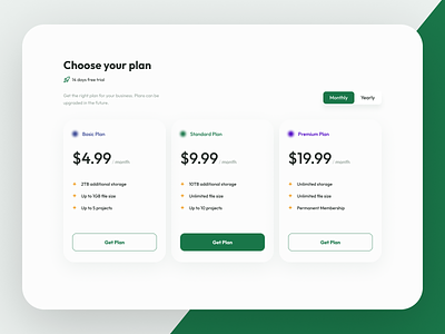Pricing Plan app branding card design green minimalistic payment plan pricing plan subscription plan typography ui ux