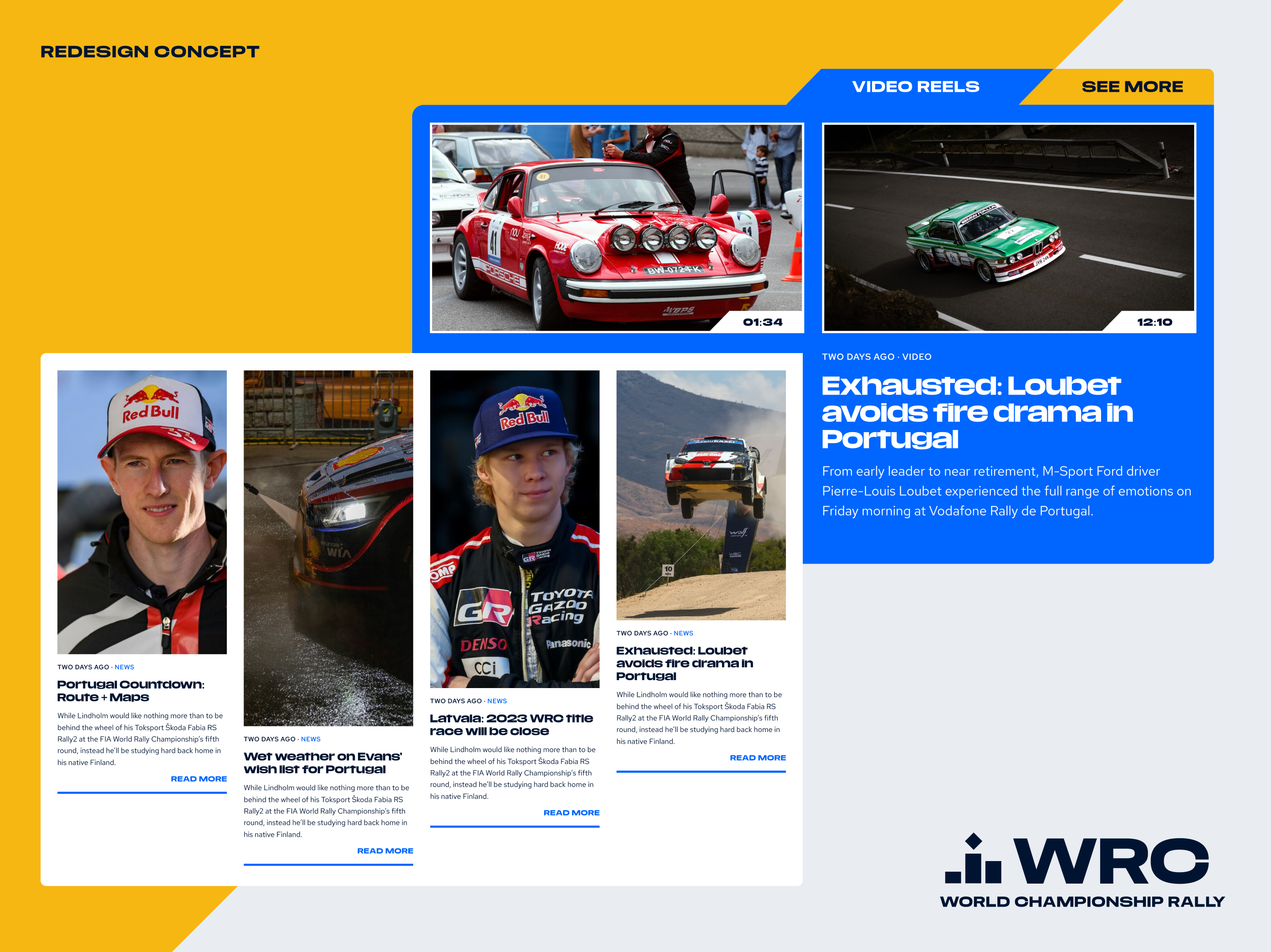 WRC News Concept (part 2) automotive blog blue car cars colorful concept grey layout logo news rally ui visual design web design white wrc yellow