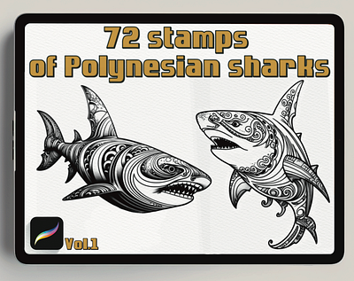 72 Stamps Polynesian Sharks for Procreate ancientgreece animation architecturalelements armorandweapons branding design digitalstamps graphic design historicalart illustration logo motion graphics procreatestamps tattoodesign ui