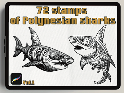 72 Stamps Polynesian Sharks for Procreate ancientgreece animation architecturalelements armorandweapons branding design digitalstamps graphic design historicalart illustration logo motion graphics procreatestamps tattoodesign ui