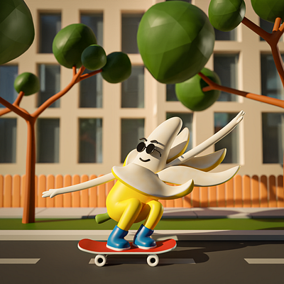 Banana skater 3d 3dart 3dgraphic blender character design illustration kawaii ui