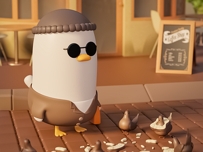 duck agent and a little hooliganism 3d 3dart 3dartist 3dgraphic art blender blender3d cafe cafedesign character clay cute3d design duck illustration kawaii pigeon ui