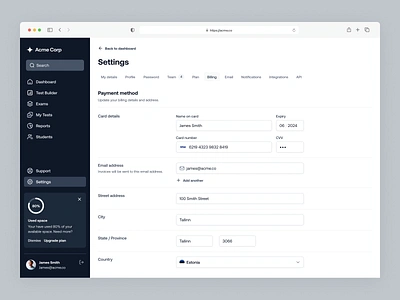 Settings - #7 Design Challenge 007 100days concept dailyui dashboard design design minimal design saas setting page test builder ui uichallenge uidesign uidesigner uiux userinterface