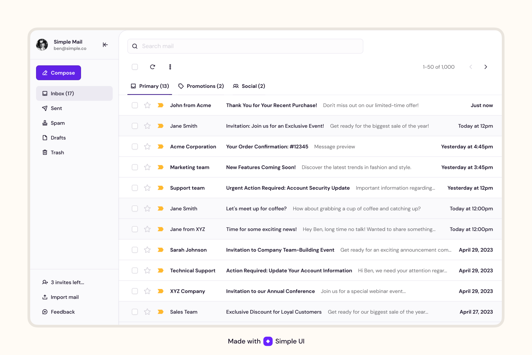 Simple Inbox compose design system email filter form grid inbox navigation product design search simple ui startup table tabs ui ui kit ux