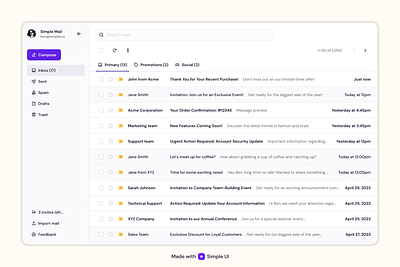 Simple Inbox compose design system email filter form grid inbox navigation product design search simple ui startup table tabs ui ui kit ux