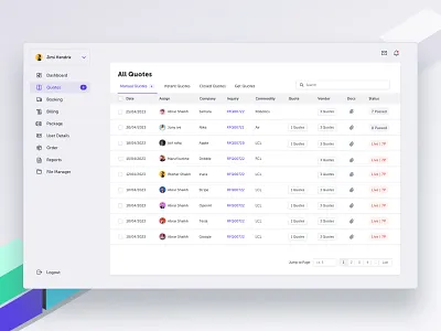 All Quotes - Clearfreight. ai dashboard data design freight inspiration product productdesign saas table user management userstories ux web