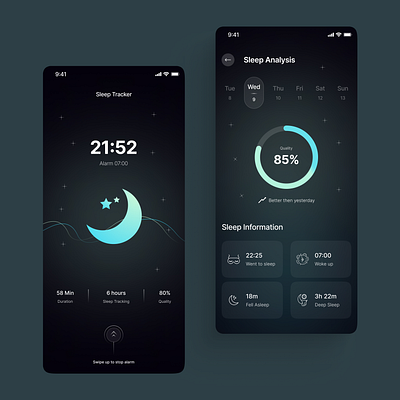 Sleep Tracking Application app design appui dark darktheme design figma hero page illustration landing page logo mobileapp mobileui mobileuiux sleepapp ui ui design uidesign uiux website