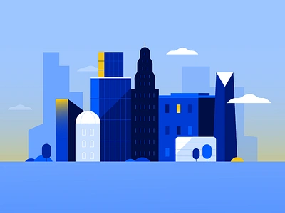 city morning ☀️ 2d ai building city cityscape clouds design flat gradient illustration illustrator metropolitan morning nyc skyscrapers sun sunrise trees windows