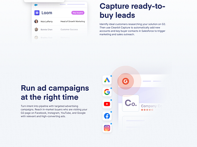 G2 page & ads design - Clearbit carousel data features g2 integrations marketing
