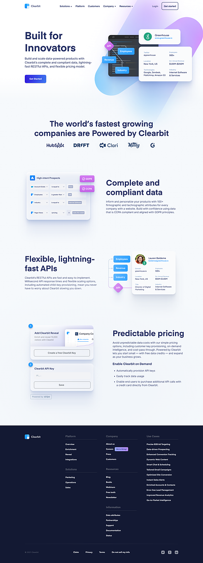 Powered by Clearbit page design - Clearbit data flow illustration integrations landing page powered by clearbit pricing table web design