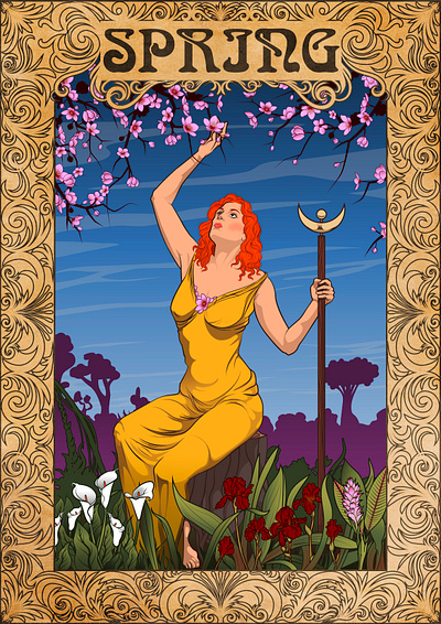 Spring goddess art print flourishes flower illustration mucha spring vector vintage woman