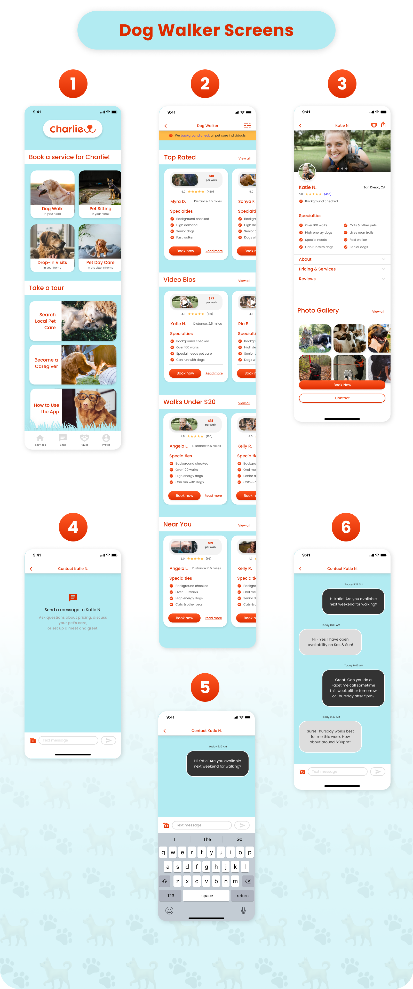 Charlie, Dog walking app, UX/UI design, Visual designs, high fidelity screens