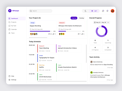 Whoops Team Management Dashboard daily ui dashboard design desktop high fidelity light mode minimal progress bar progress indicatior project management purple task management team team management time management ui ui design uiux uiux design user dashboard