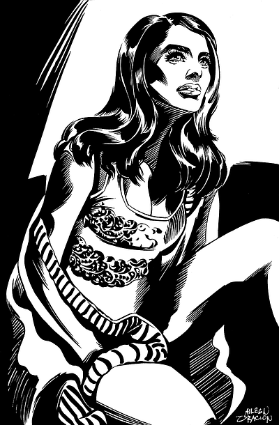 NOIR: Seated Woman comic art drawing hand drawn illustration ink noir portrait traditional